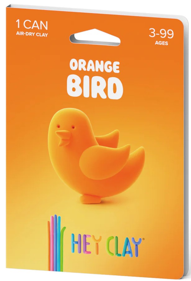Embalagem individual de argila Hey Clay na cor laranja, com a figura de um pássaro ("Orange Bird") e indicação de 1 lata e idades 3-99 anos.