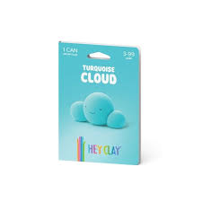Embalagem individual de argila Hey Clay na cor turquesa, com a figura de uma nuvem ("Turquoise Cloud") e indicação de 1 lata e idades 3-99 anos.