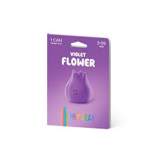 Embalagem individual de argila Hey Clay na cor violeta, com a figura de uma flor ("Violet Flower") e indicação de 1 lata e idades 3-99 anos.