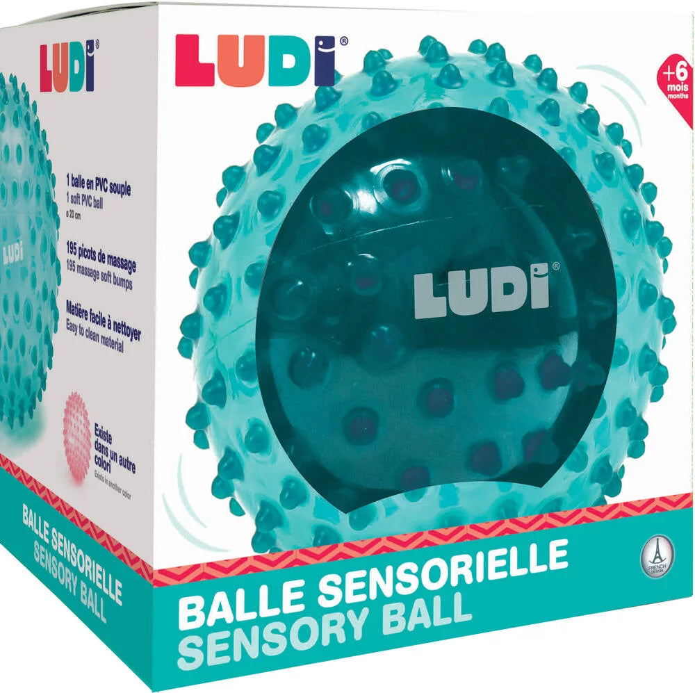 Embalagem da bola sensorial Ludi azul com destaque para material e diâmetro