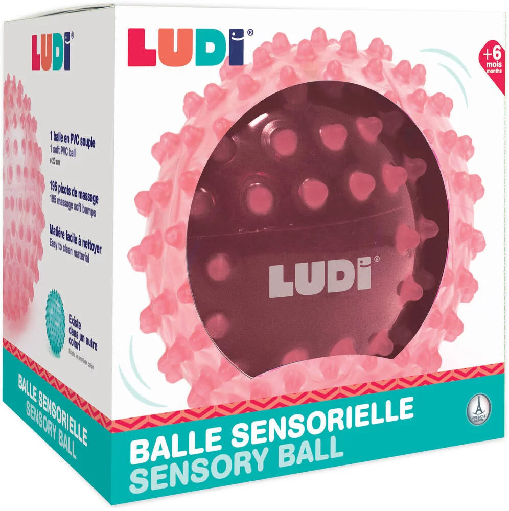 Embalagem da bola sensorial Ludi com informações técnicas e idade recomendada