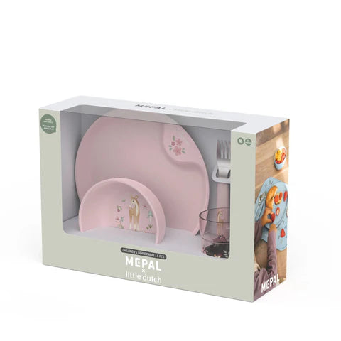 Caixa de embalagem do conjunto de talheres e louça infantil Mepal Little Dutch, exibindo os artigos no interior com o padrão Forest Friends.
