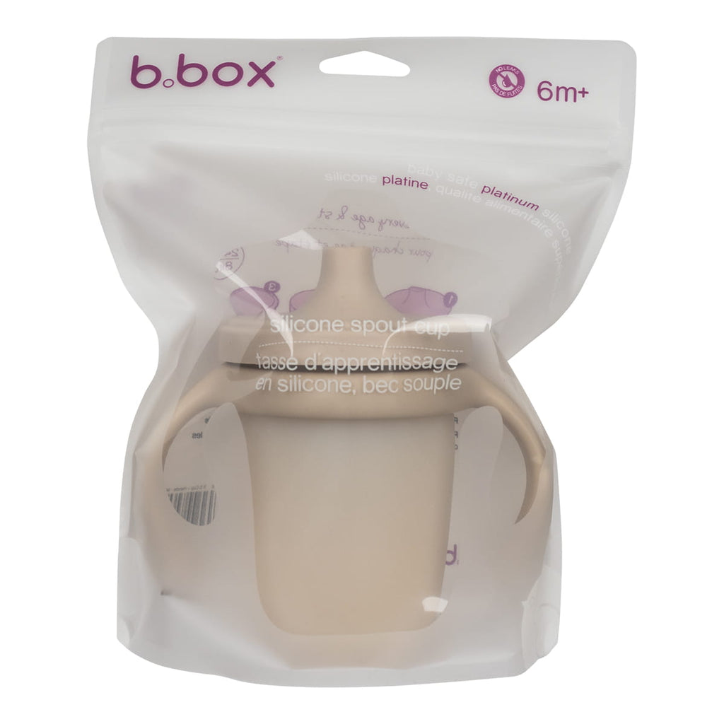 Embalagem de retalho do copo de silicone b.box com indicação "6m+" e "platinum silicone spout cup".