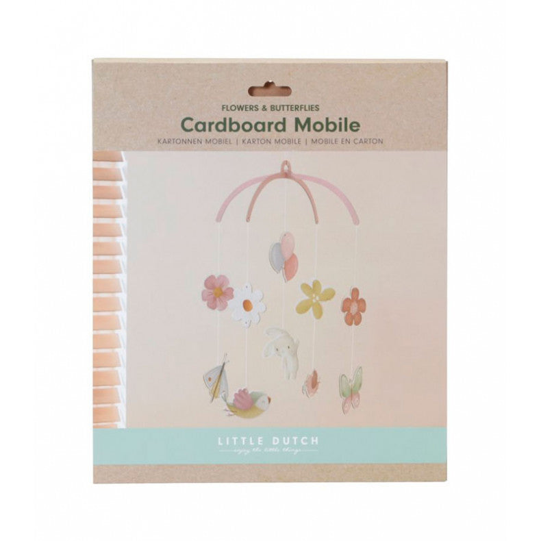 Embalagem do Móbile de Cartão "Flowers & Butterflies" da Little Dutch, mostrando o produto montado e as especificações na caixa de cartão.