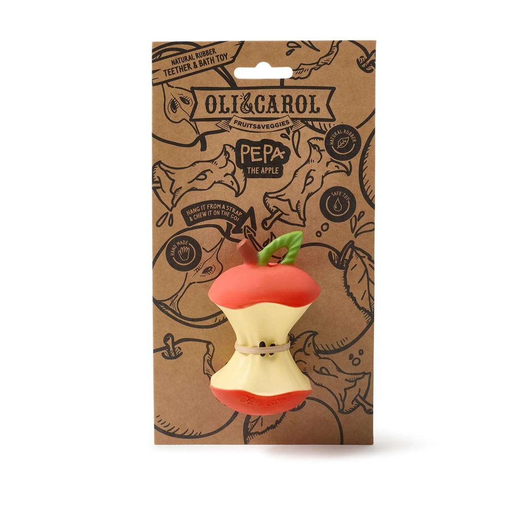 Embalagem do mordedor Pepa a Maçã da Oli & Carol, mostrando o produto e informações sobre a sua composição e características.