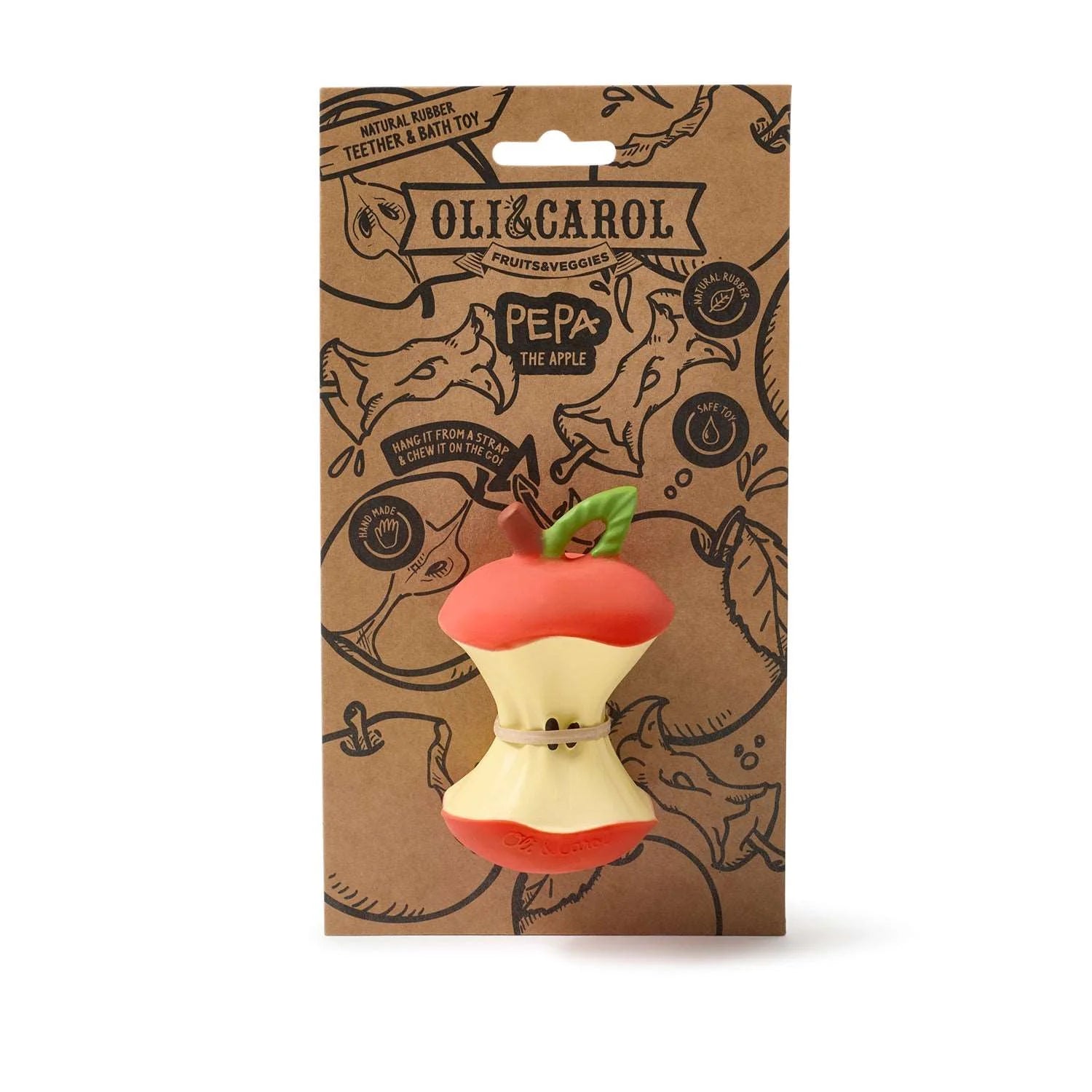 Embalagem do mordedor Pepa a Maçã da Oli & Carol, mostrando o produto e informações sobre a sua composição e características.