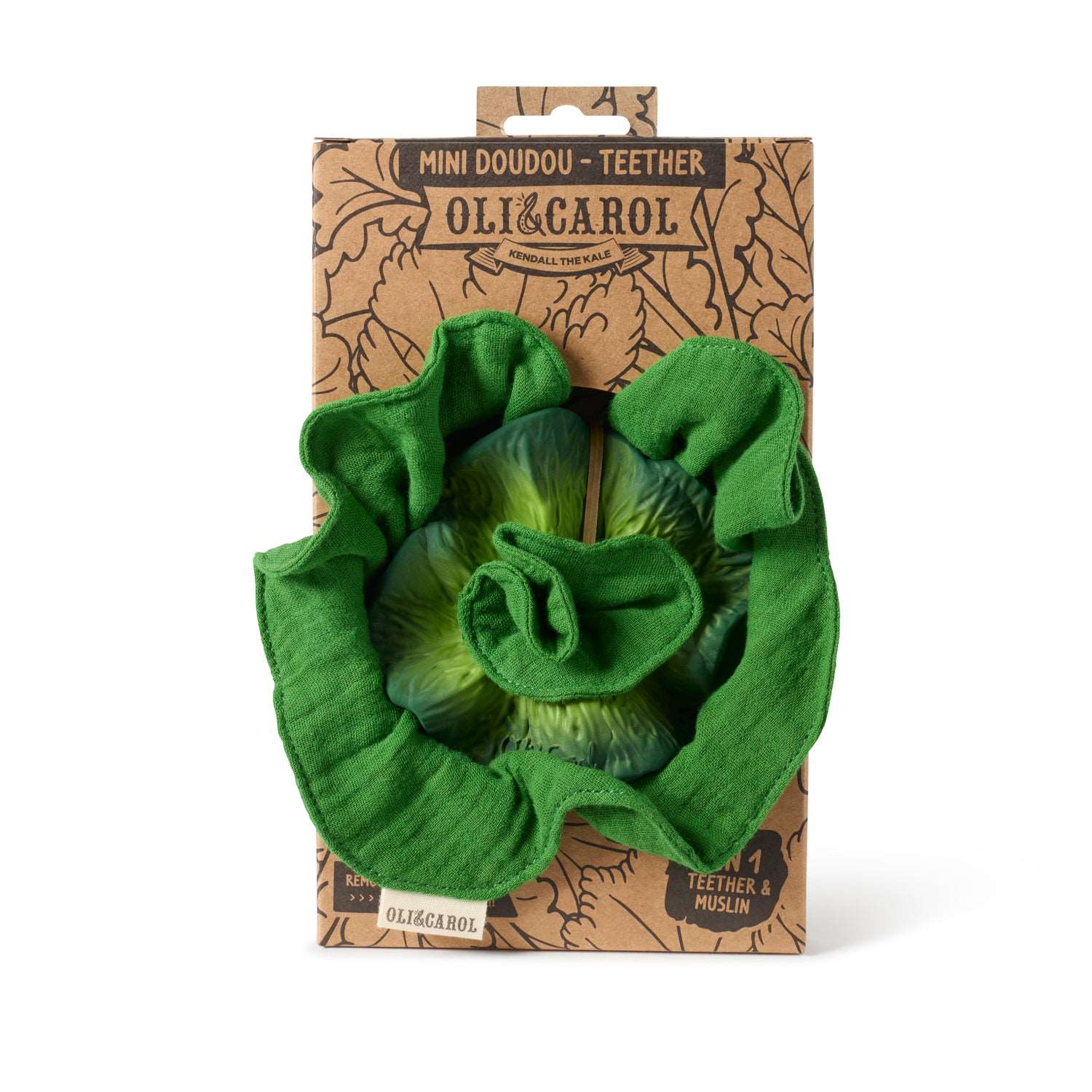 Embalagem do Mordedor e Doudou Couve Oli & Carol, mostrando o produto e as informações do fabricante.