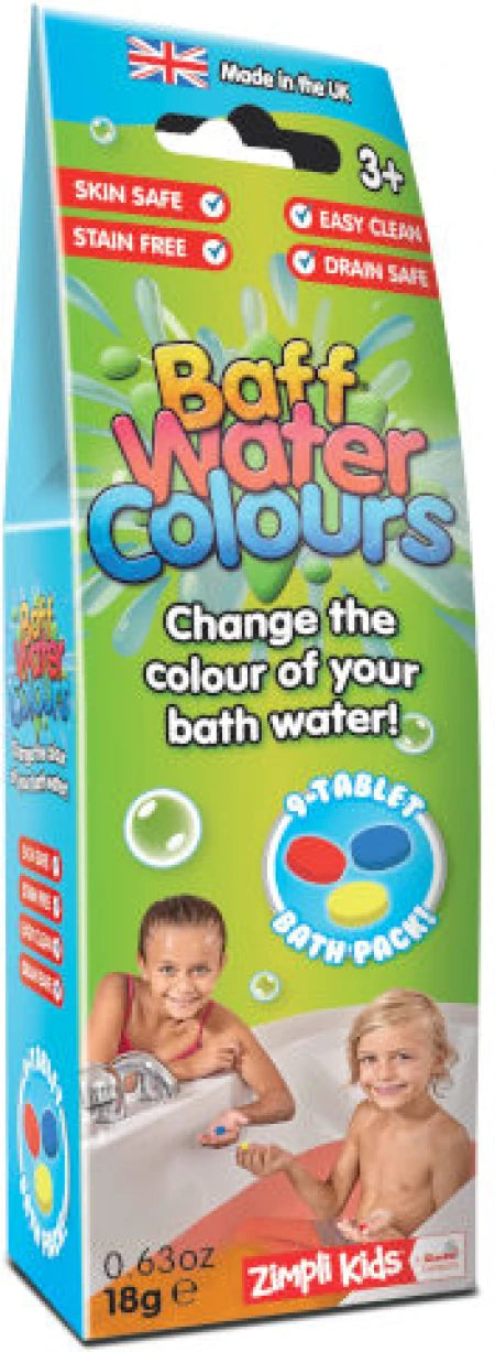 Embalagem vertical de pastilhas Baff Water Colours, destacando a indicação 3+, 9 pastilhas e as características Skin Safe e Drain Safe.