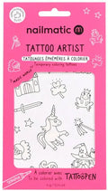 Embalagem rosa do Nailmatic Tattoo Artist com desenhos de temática mágica, incluindo um unicórnio, castelo e espada.