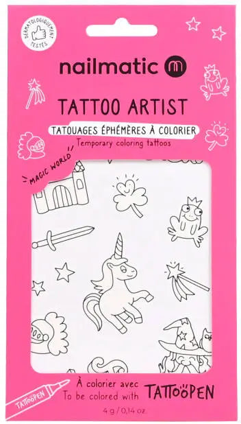 Embalagem rosa do Nailmatic Tattoo Artist com desenhos de temática mágica, incluindo um unicórnio, castelo e espada.