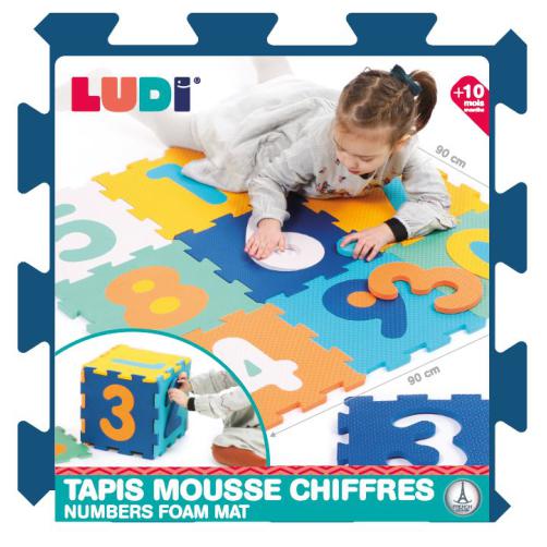 Embalagem do tapete de espuma Ludi, com imagem de criança a brincar e informações do produto.
