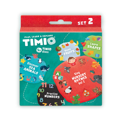 Embalagem do Timio Conjunto 2, mostrando os cinco discos temáticos incluídos: Números, Formas, Frutos, Animais Marinhos e Canções de Embalar Vol. 2.
