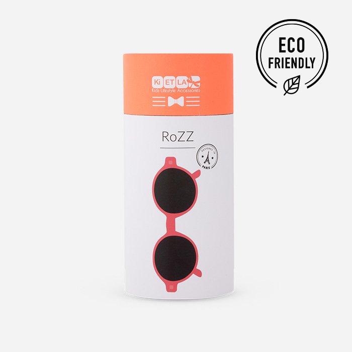 Embalagem cilíndrica dos óculos de sol Ki ET LA RoZZ, com selo "Eco Friendly".