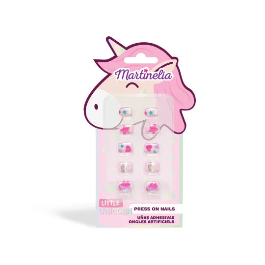Embalagem de unhas postiças adesivas Martinelia 'Little Unicorn' com um design de cabeça de unicórnio rosa e unhas decoradas com estrelas e brilhos.