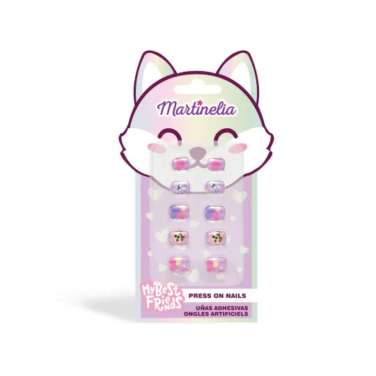 Embalagem de unhas postiças adesivas Martinelia 'My Best Friend's' com um design de rosto de animal (gato/raposa) e unhas decoradas com motivos de animais.