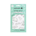 Embalagem verde-água do Nailmatic Tattoo Artist com desenhos de dinossauros e palavras como "Ohio" e "Rarar".
