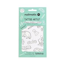 Embalagem verde-água do Nailmatic Tattoo Artist com desenhos de dinossauros e palavras como "Ohio" e "Rarar".