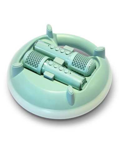 Vista superior do KidyWolf Karaoke Kidy, com os dois microfones sem fios arrumados nos seus suportes na coluna portátil.