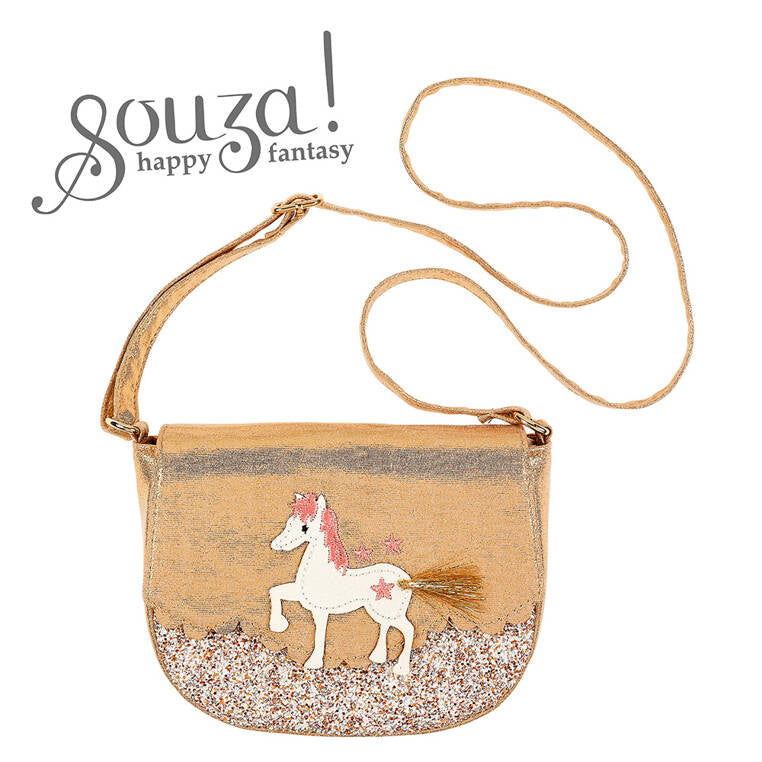 Mala tiracolo Souza Pauline dourada com cavalo branco, crina rosa e base de glitter cintilante, em fundo branco.