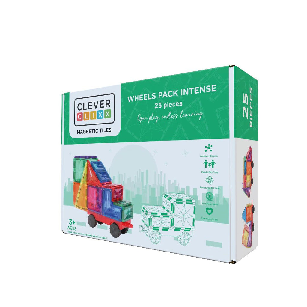 Caixa do jogo de construção magnético Clever Clixx Wheels Pack Intense com 25 peças, exibindo um camião colorido montado e ícones de benefícios como criatividade e pensamento estruturado.