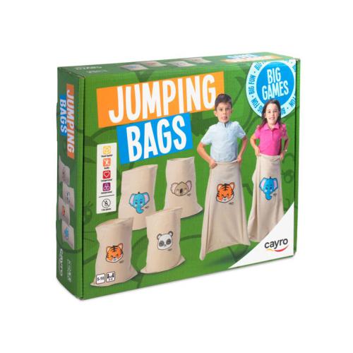 Embalagem do jogo de corrida de sacos Jumping Bags da Cayro com ilustrações de animais.