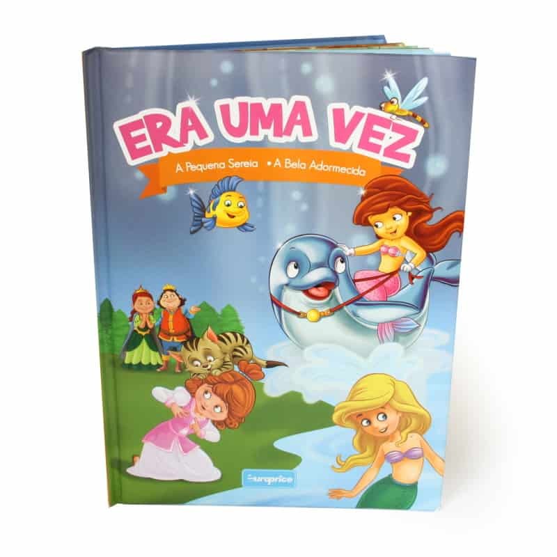 Ilustração colorida e encantadora dos livros "A Pequena Sereia" e "A Bela Adormecida" da coleção "Era Uma Vez", com personagens de contos de fadas e cenários fantásticos.