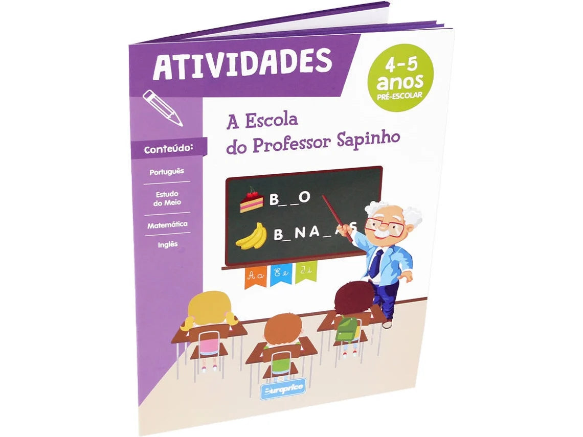Capa do livro de atividades da coleção "A Escola do Professor Sapinho", mostrando atividades de português, estudo do meio, matemática e inglês.