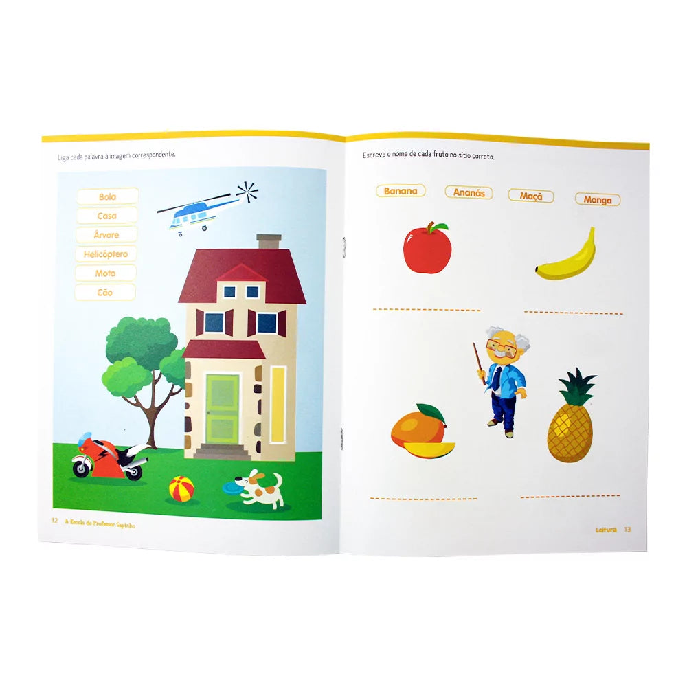 Páginas internas do livro mostrando exercícios de associação de imagens e palavras, com foco em vocabulário e compreensão para crianças de 4 a 5 anos.