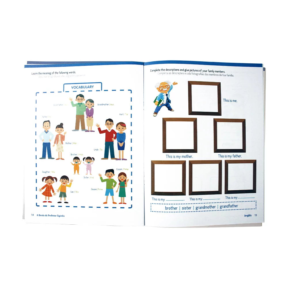 Páginas internas do livro mostrando exercícios práticos e ilustrações coloridas para crianças de 4 a 5 anos.