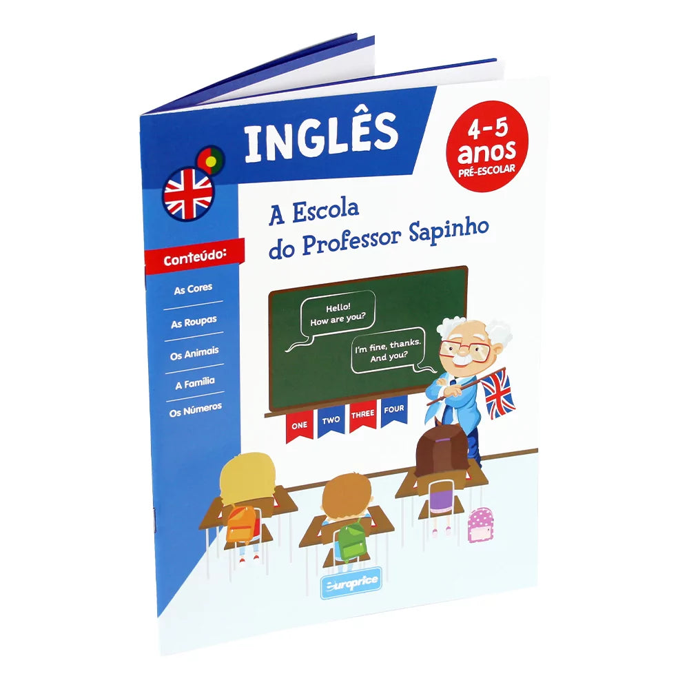 Livro de inglês da coleção "A Escola do Professor Sapinho", mostrando vocabulário básico e frases simples para crianças de 4 a 5 anos.