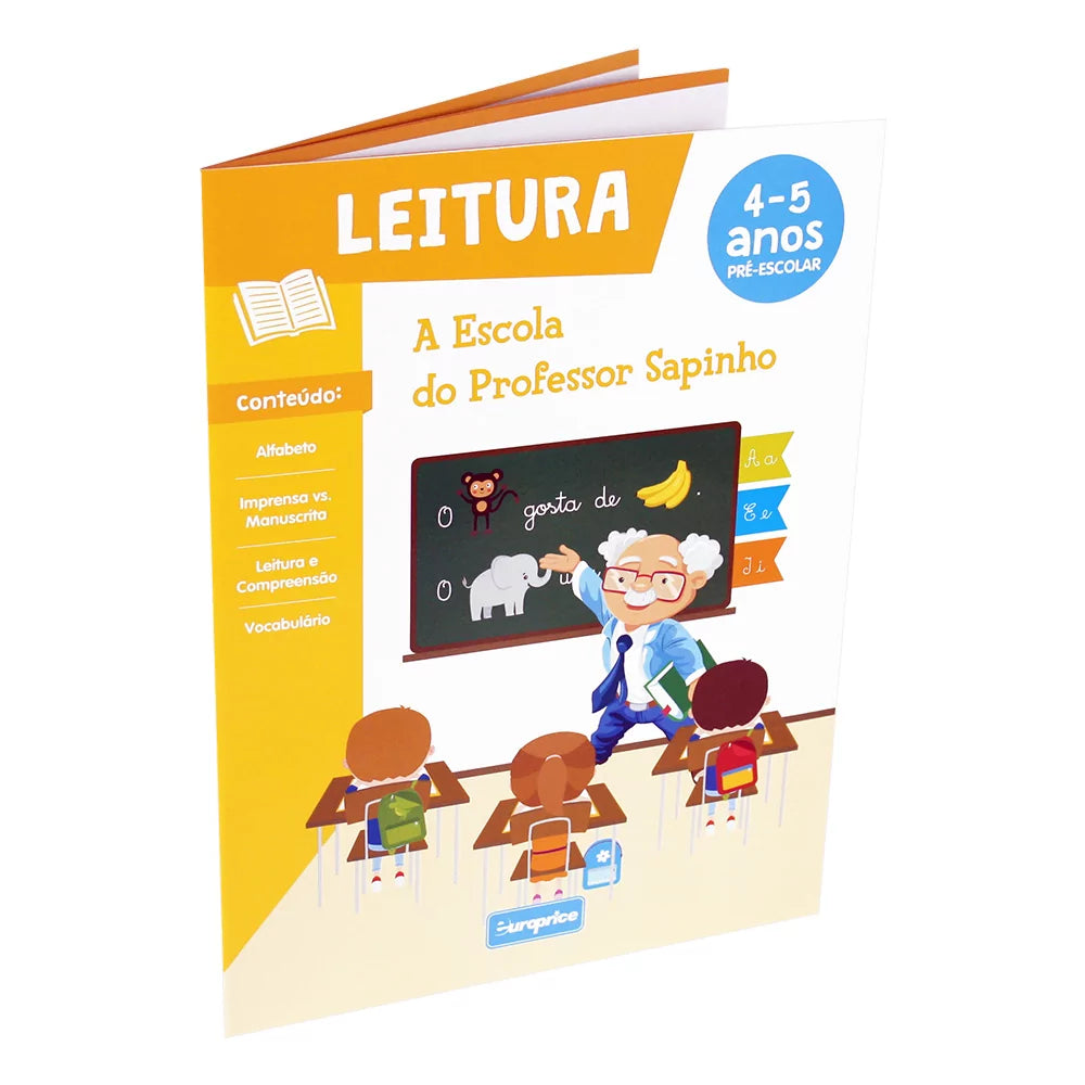 Capa do livro de leitura da coleção "A Escola do Professor Sapinho", com ilustrações coloridas e o Professor Sapinho.