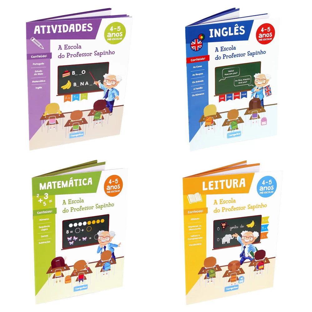 Conjunto de quatro livros da coleção "A Escola do Professor Sapinho", com atividades de português, matemática, inglês e leitura, para crianças de 4 a 5 anos.