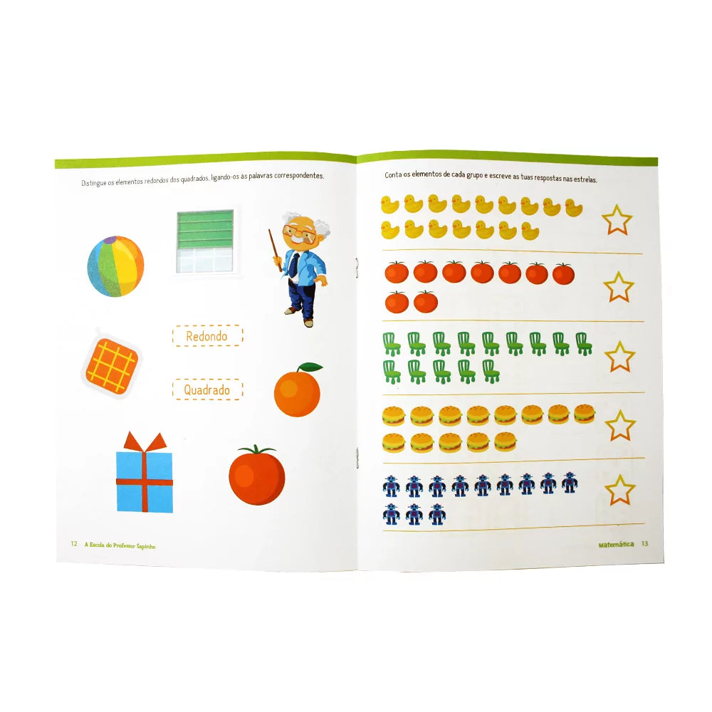 Páginas internas do livro mostrando exercícios de matemática, com imagens coloridas e atividades lúdicas para crianças de 4 a 5 anos.
