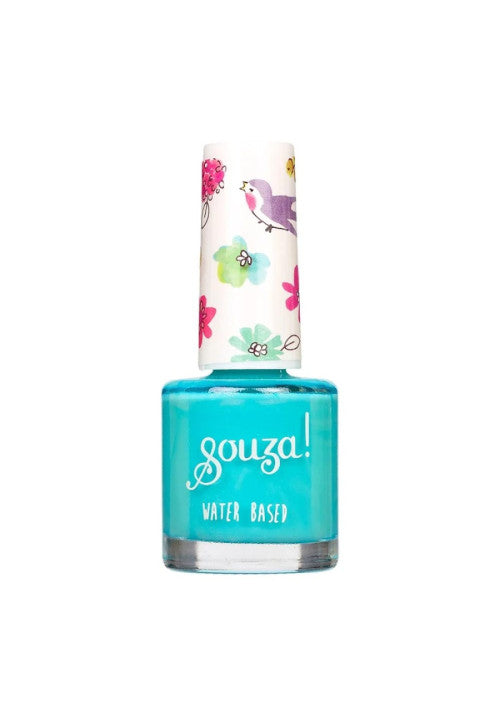 Frasco individual de Souza Verniz à base de água na cor azul turquesa vibrante, com tampa decorada com padrão floral e pássaros, e a inscrição "Souza! Water Based".