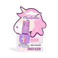 Detalhe do esmalte de unhas Martinelia da coleção Little Unicorn, roxo com estrelas na tampa, embalado em cartão com a forma de um unicórnio rosa.