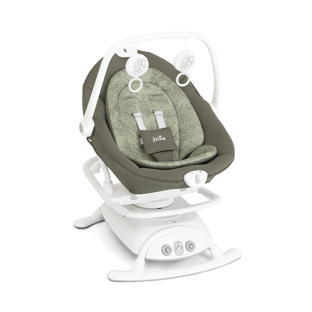 Espreguiçadeira Balanço Joie Sansa 2em1 em cor neutra, mostrando a cadeira no modo baloiço com assento acolchoado e redutor.