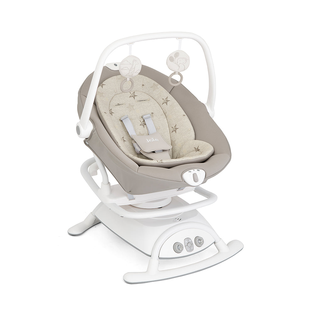 Vista lateral da Joie Sansa, evidenciando o design compacto da base que se adapta a pequenos espaços.