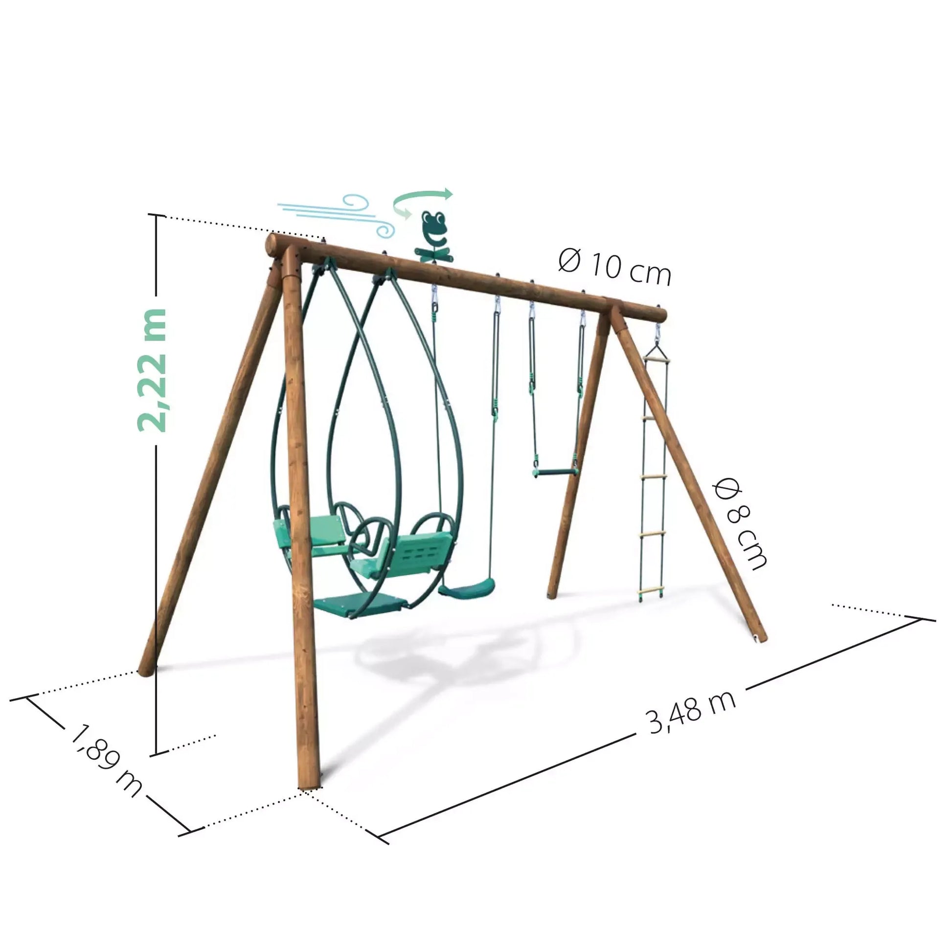  Esquema técnico com as dimensões do baloiço Juliette, incluindo altura total e largura da estrutura.