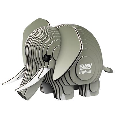 Puzzle 3D Eugy Elefante em cartão reciclado montado em perspetiva tridimensional