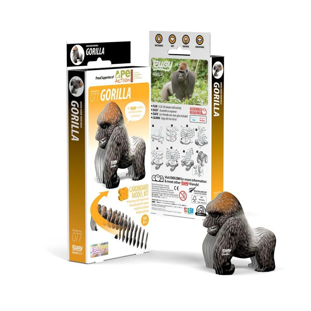 Kit do puzzle 3D Gorila Eugy com cartões planos numerados e tubo de cola