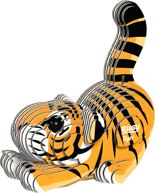 Eugy Puzzle 3D Tigre em cartão reciclado montado com detalhes a preto e laranja
