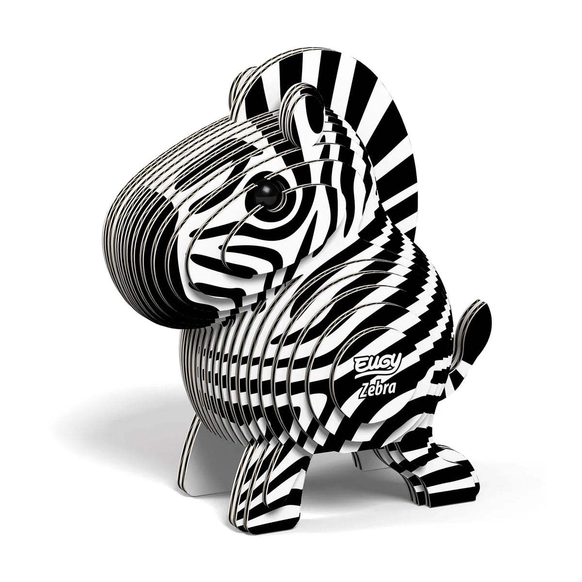 Eugy puzzle 3d zebra em cartao reciclado montado com riscas pretas e brancas