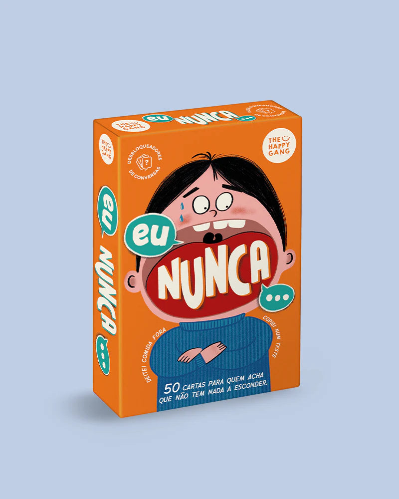Caixa laranja do jogo de cartas 'Eu Nunca' da The Happy Gang, mostrando uma ilustração de uma personagem a gritar 'Nunca' e o texto '50 cartas para quem acha que não tem nada a esconder'.