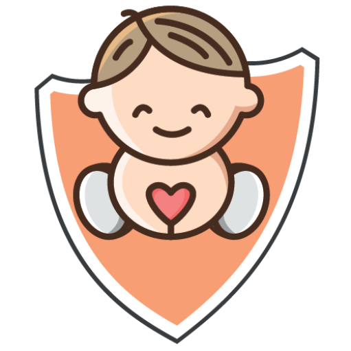 Ícone de bebé sorridente com um coração no peito, dentro de um escudo, representando segurança e ligação no evento Conversas da Aldeia.