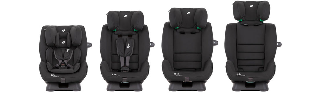 Cadeira auto EveryStage R129 em preto, mostrando diferentes configurações para várias idades.