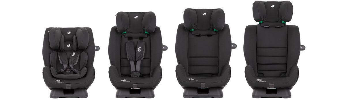 Cadeira auto EveryStage R129 em preto, mostrando diferentes configurações para várias idades.