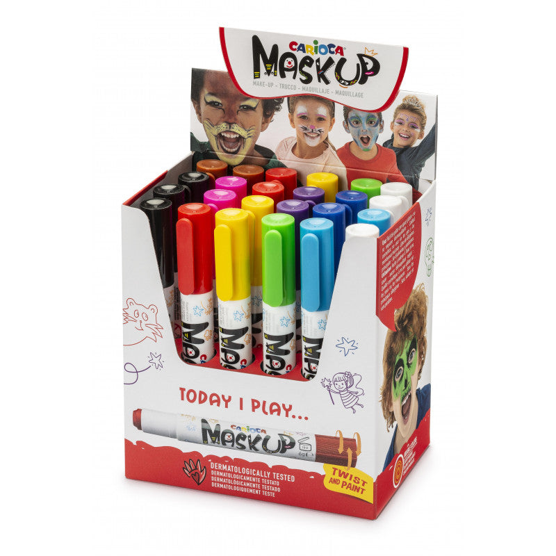 Exposição de lápis de pintura facial Carioca Maskup em caixa de cartão com exemplos de maquilhagem em crianças.