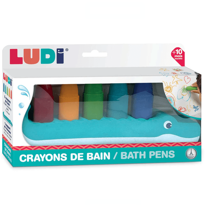 Embalagem dos Ludi Lápis para banho, com os cinco lápis coloridos e o suporte de crocodilo visíveis.