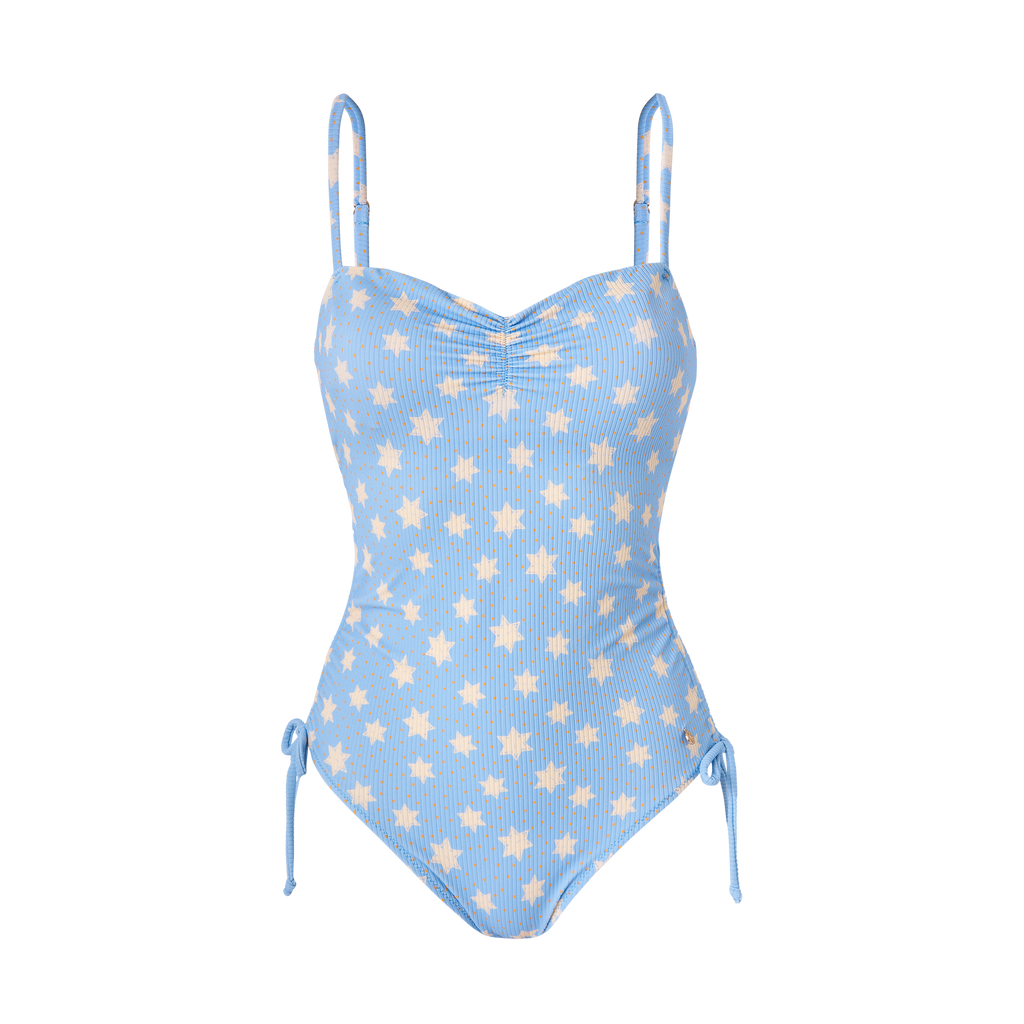 Fato de banho Waterlemon de senhora, azul claro canelado com estrelas amarelas, alças ajustáveis e franzido no decote.