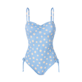 Fato de banho Waterlemon de senhora, azul claro canelado com estrelas amarelas, alças ajustáveis e franzido no decote.